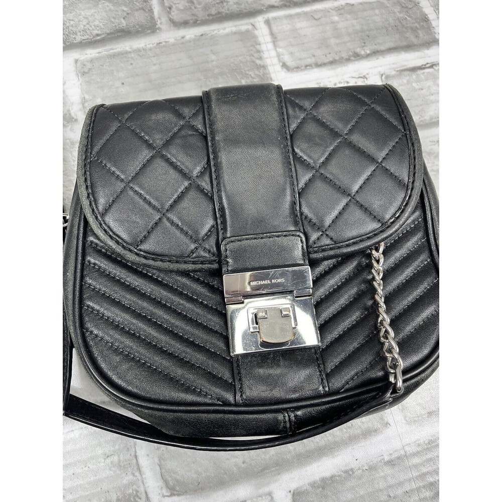 Michael Kors Elisa Quilted Black Leather Crossbody  Bag with Silver Detail